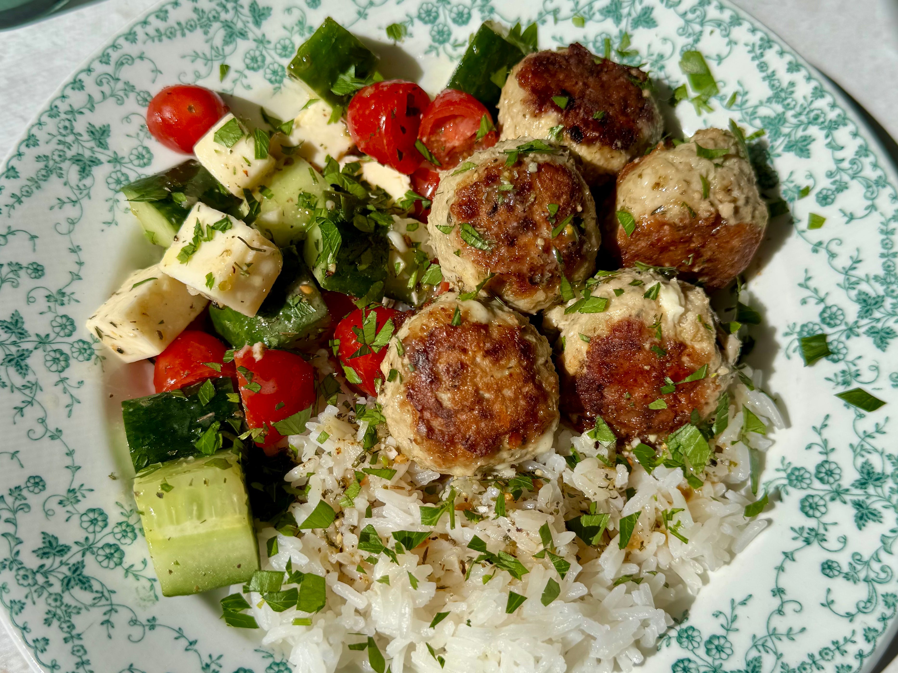 Feta Chicken Meatballs with Chopped Greek Salad